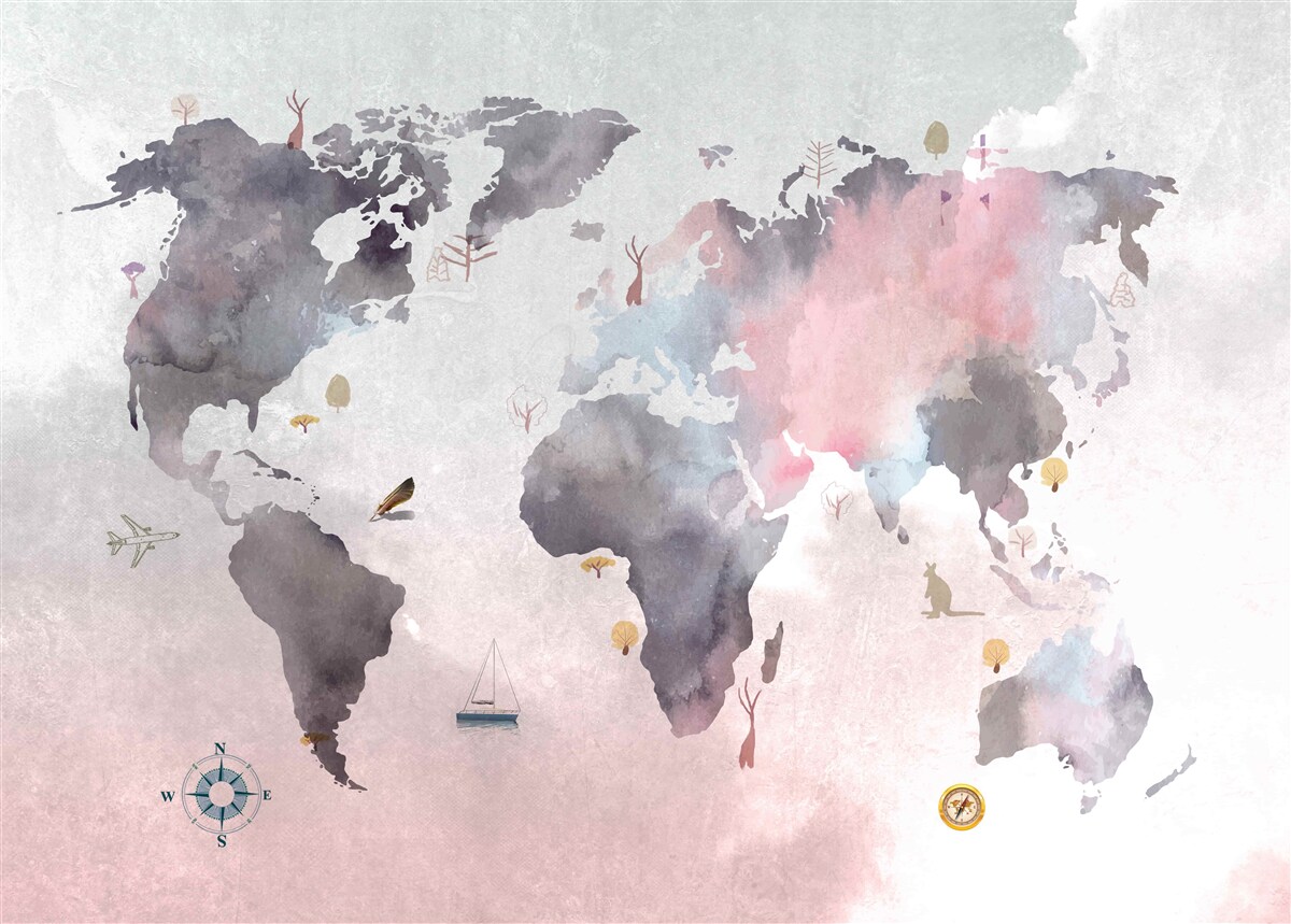 Fotobehang wereldkaart in aquarel