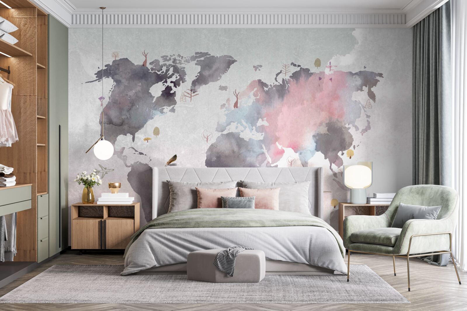 Fotobehang wereldkaart in aquarel