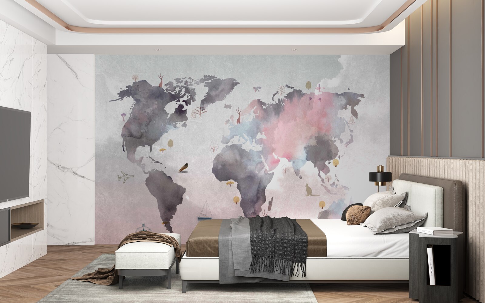 Fotobehang wereldkaart in aquarel