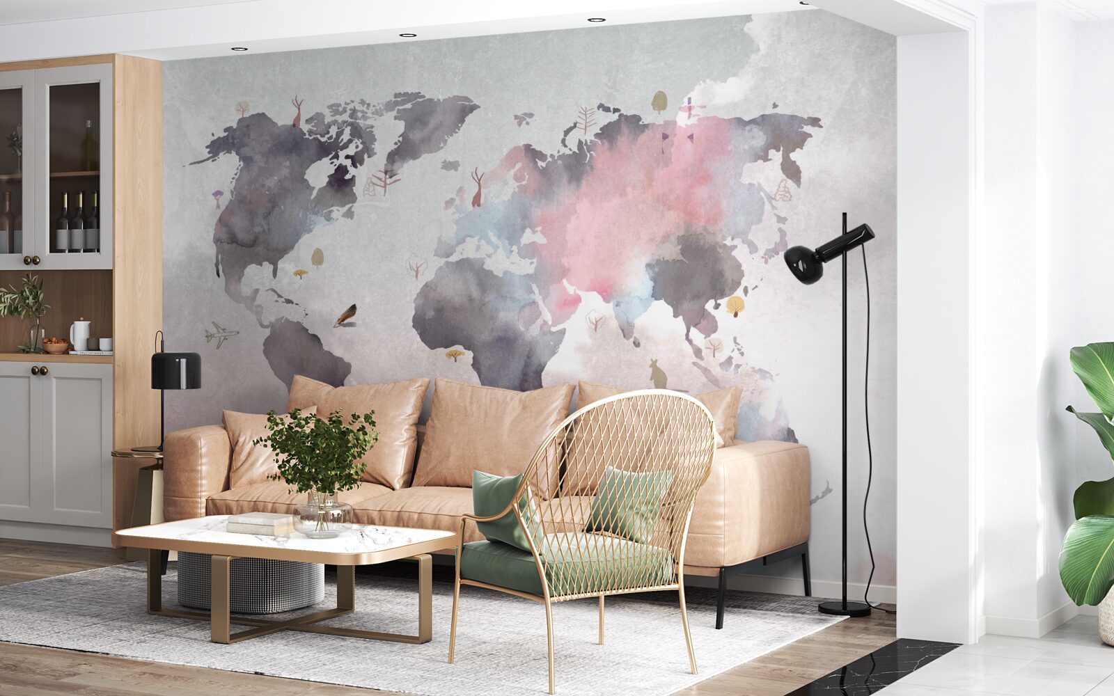 Fotobehang wereldkaart in aquarel