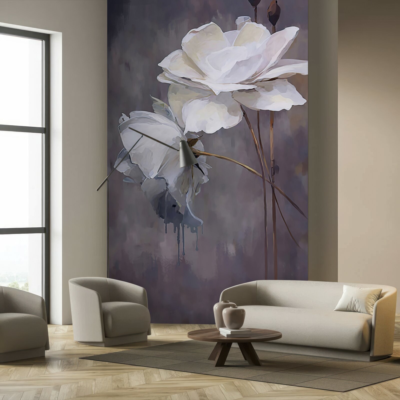 Fotobehang twee grote witte bloemen