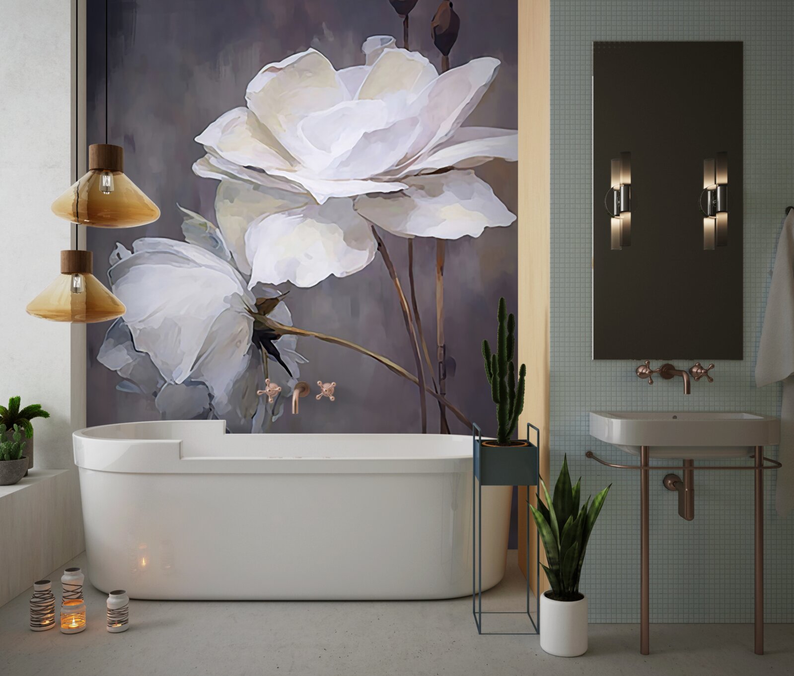 Fotobehang twee grote witte bloemen