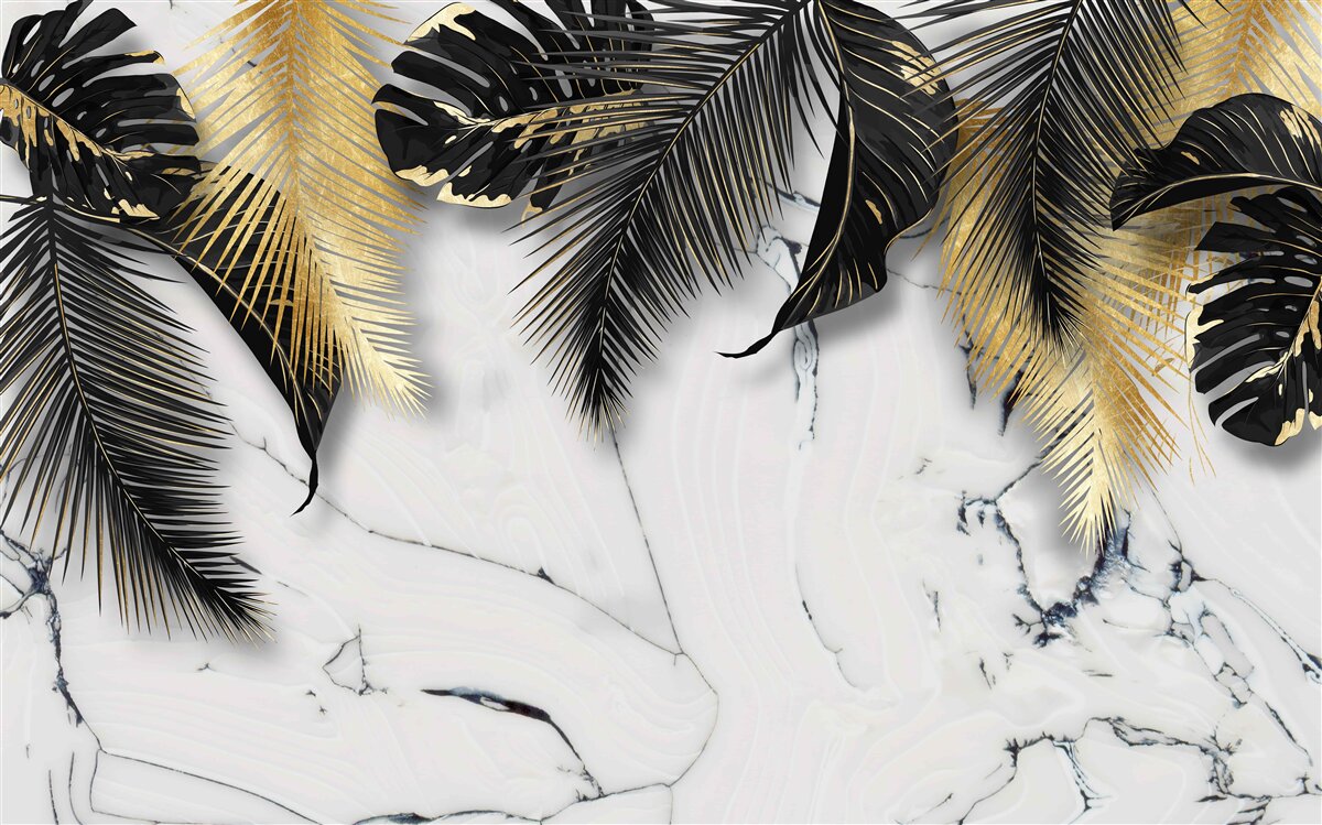 Fotobehang het marmer is bezaaid met bruine en zwarte bladeren