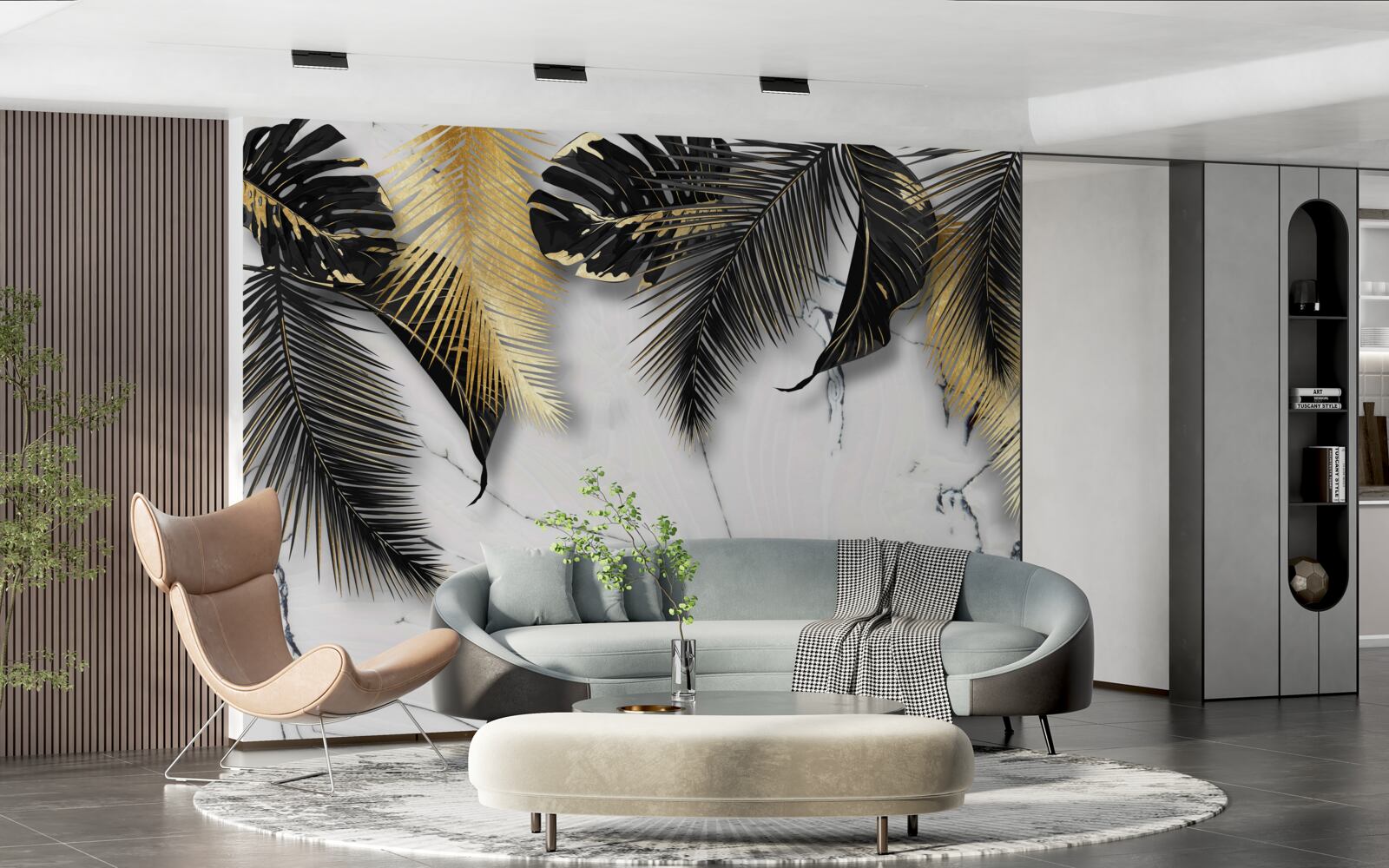 Fotobehang het marmer is bezaaid met bruine en zwarte bladeren