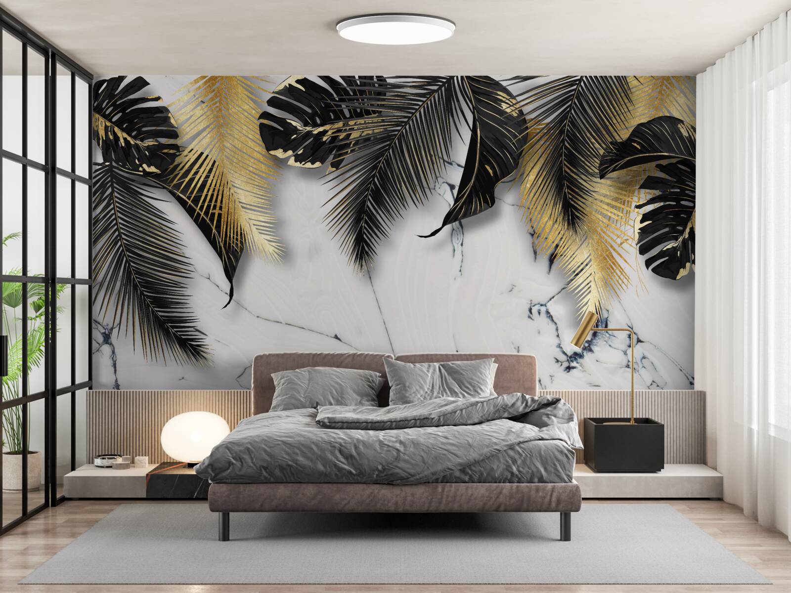 Fotobehang het marmer is bezaaid met bruine en zwarte bladeren