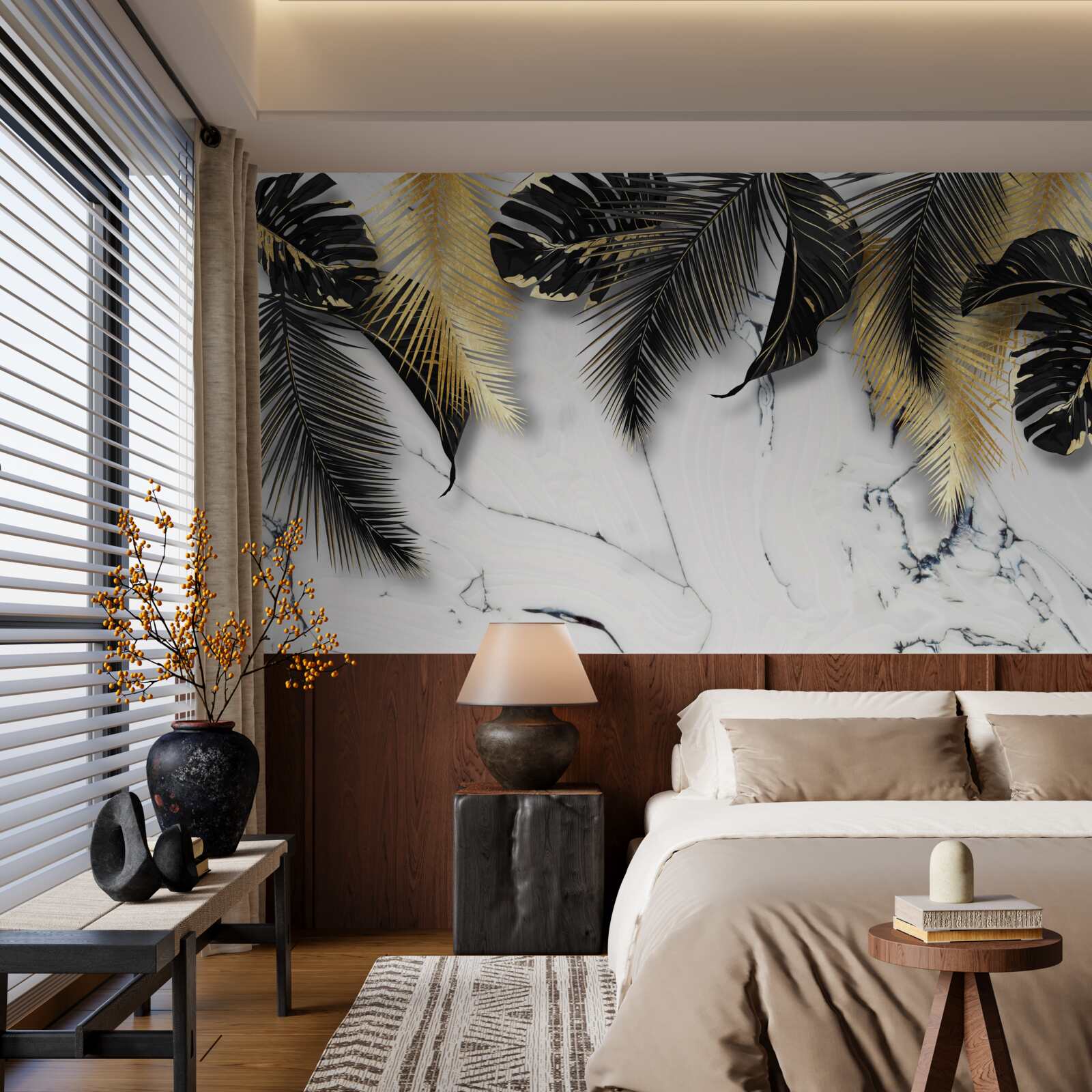 Fotobehang het marmer is bezaaid met bruine en zwarte bladeren