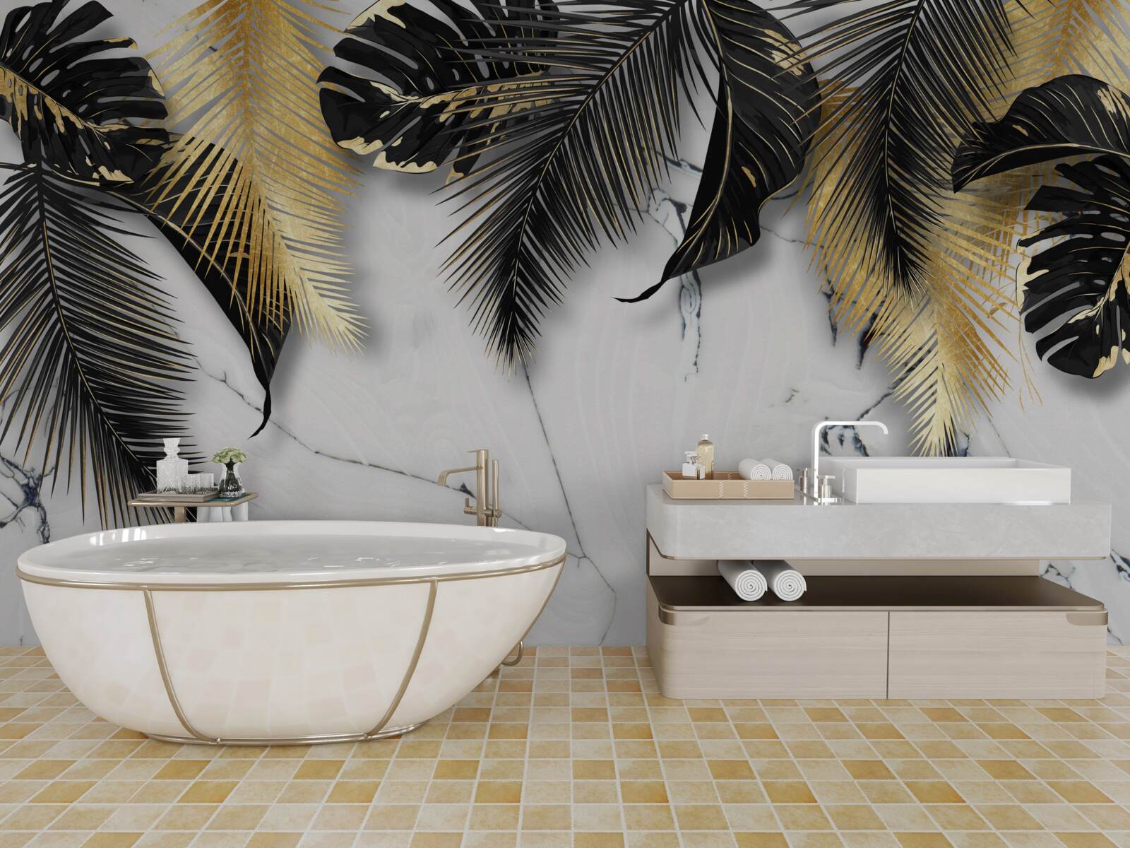 Fotobehang het marmer is bezaaid met bruine en zwarte bladeren