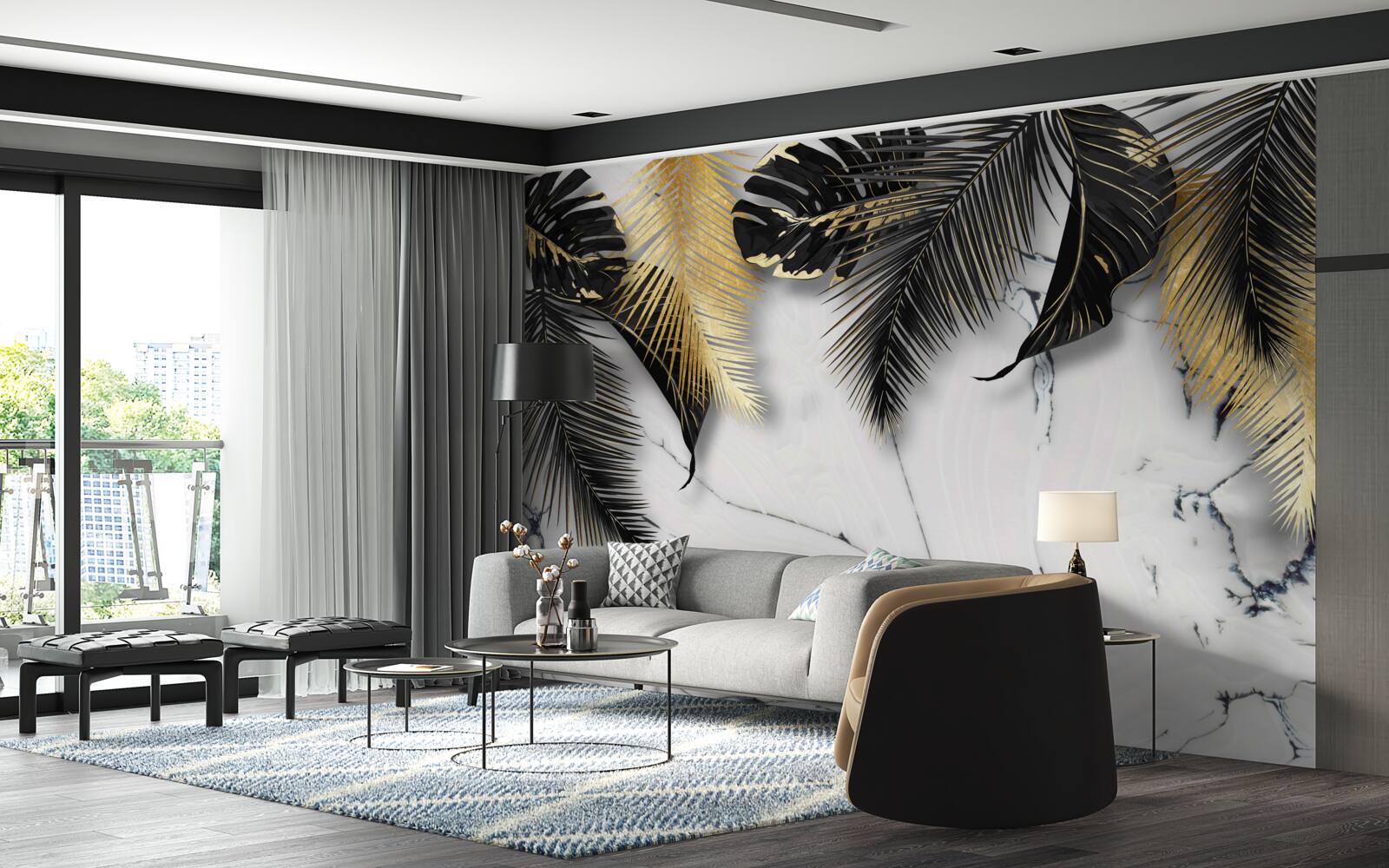 Fotobehang het marmer is bezaaid met bruine en zwarte bladeren