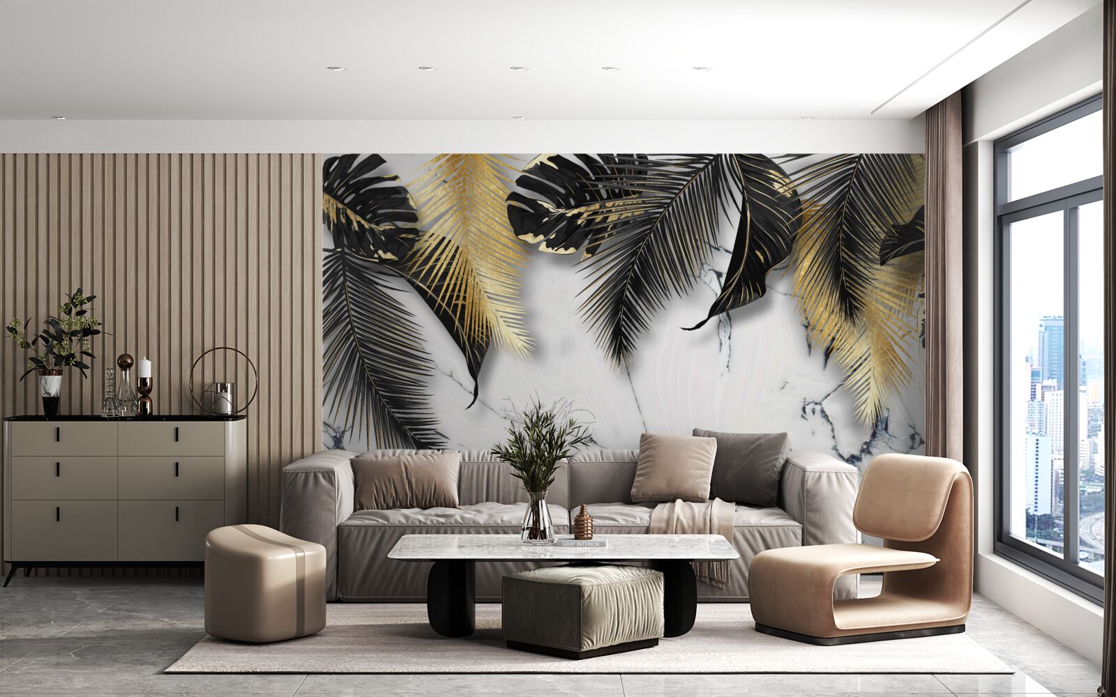 Fotobehang het marmer is bezaaid met bruine en zwarte bladeren