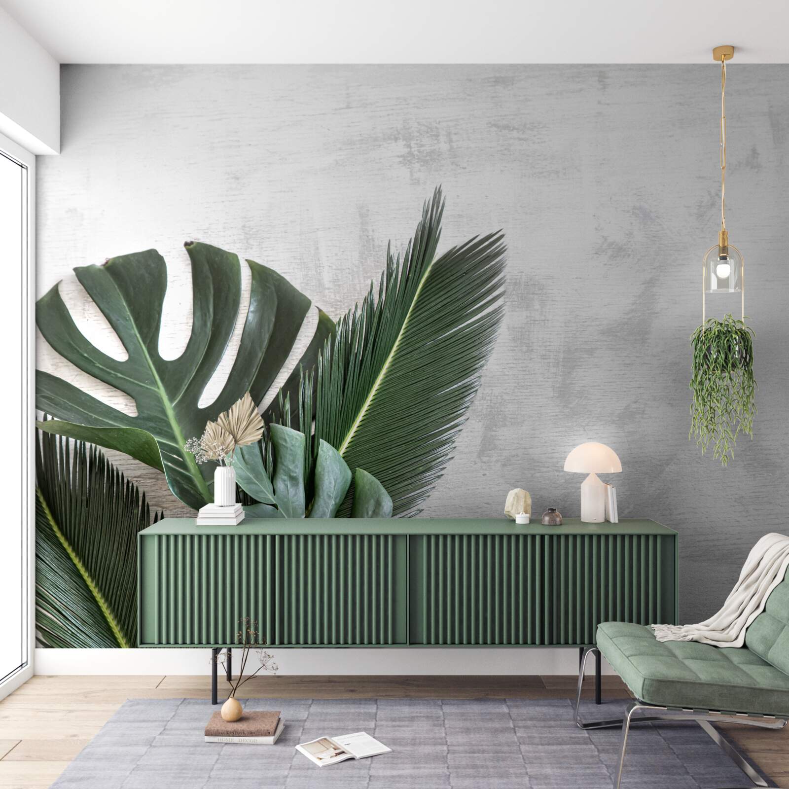 Fotobehang de grijze achtergrond benadrukt het groen van de varens