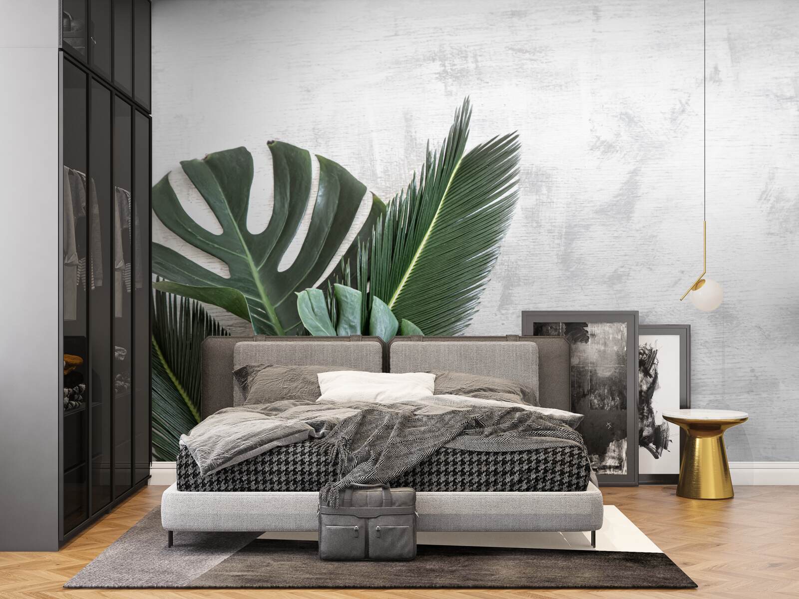 Fotobehang de grijze achtergrond benadrukt het groen van de varens