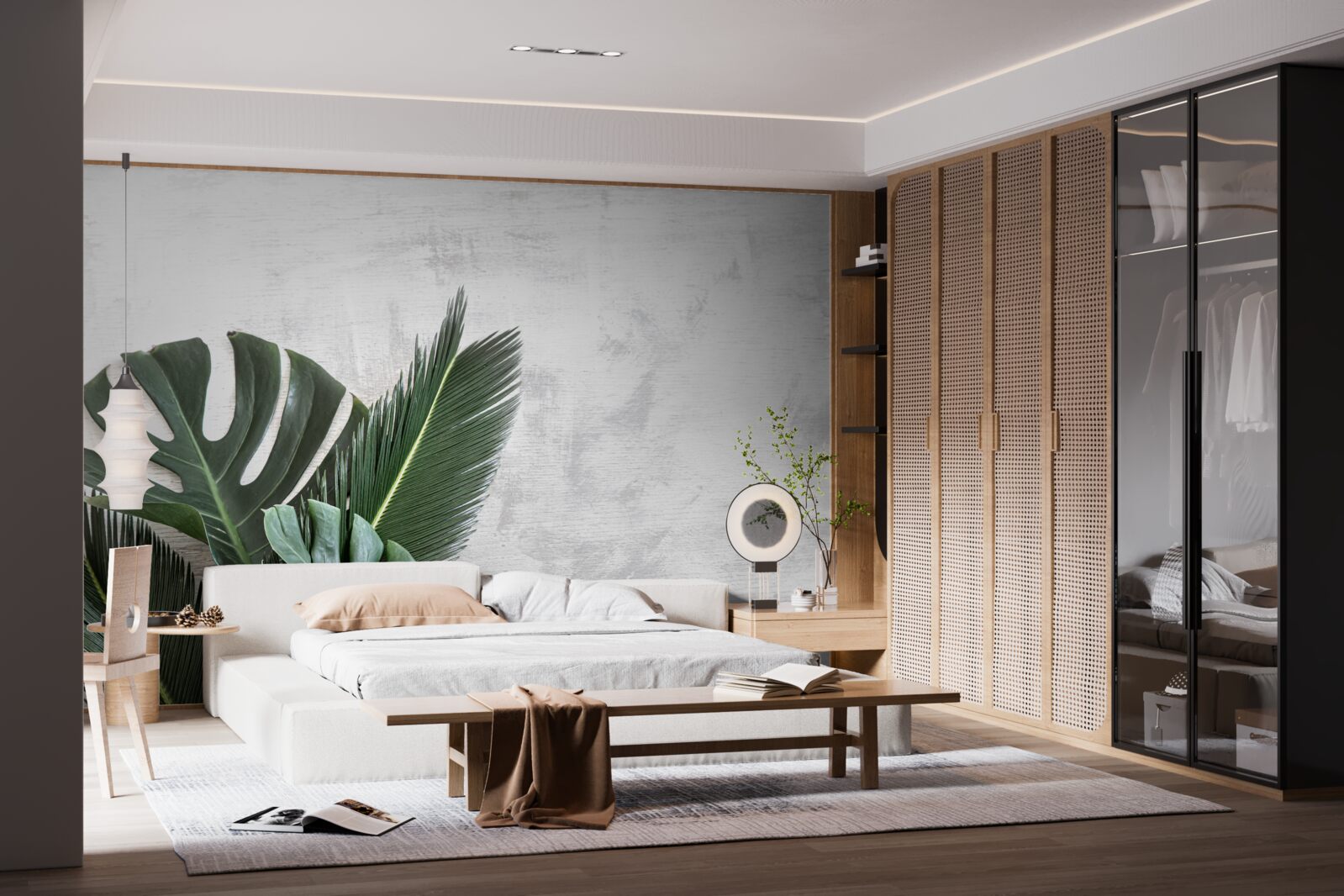 Fotobehang de grijze achtergrond benadrukt het groen van de varens