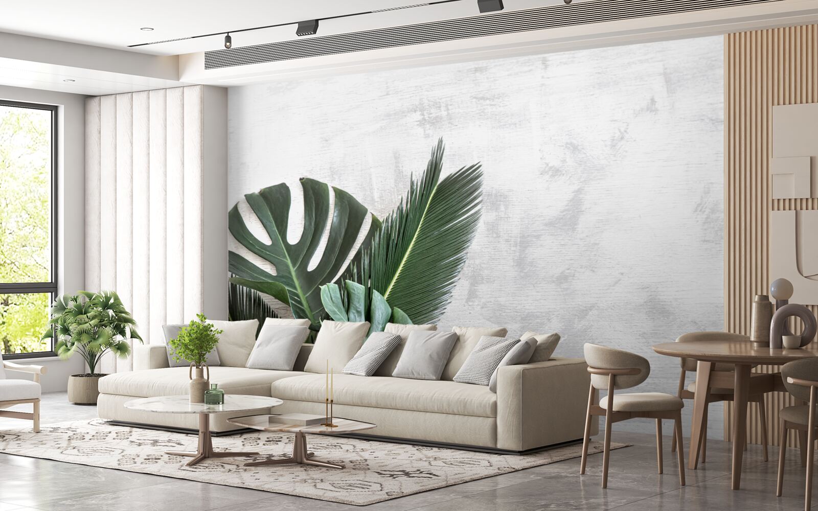 Fotobehang de grijze achtergrond benadrukt het groen van de varens