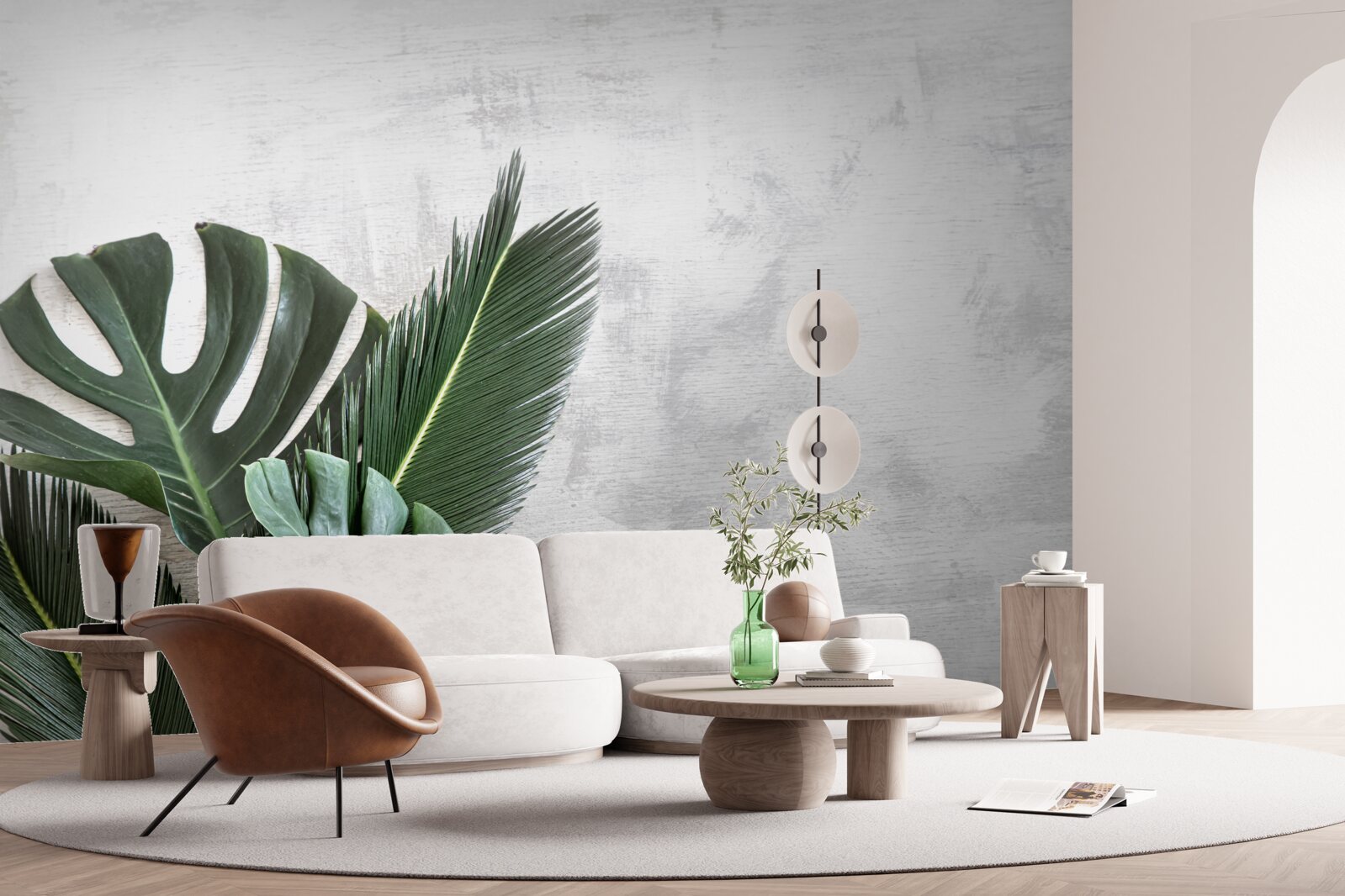 Fotobehang de grijze achtergrond benadrukt het groen van de varens