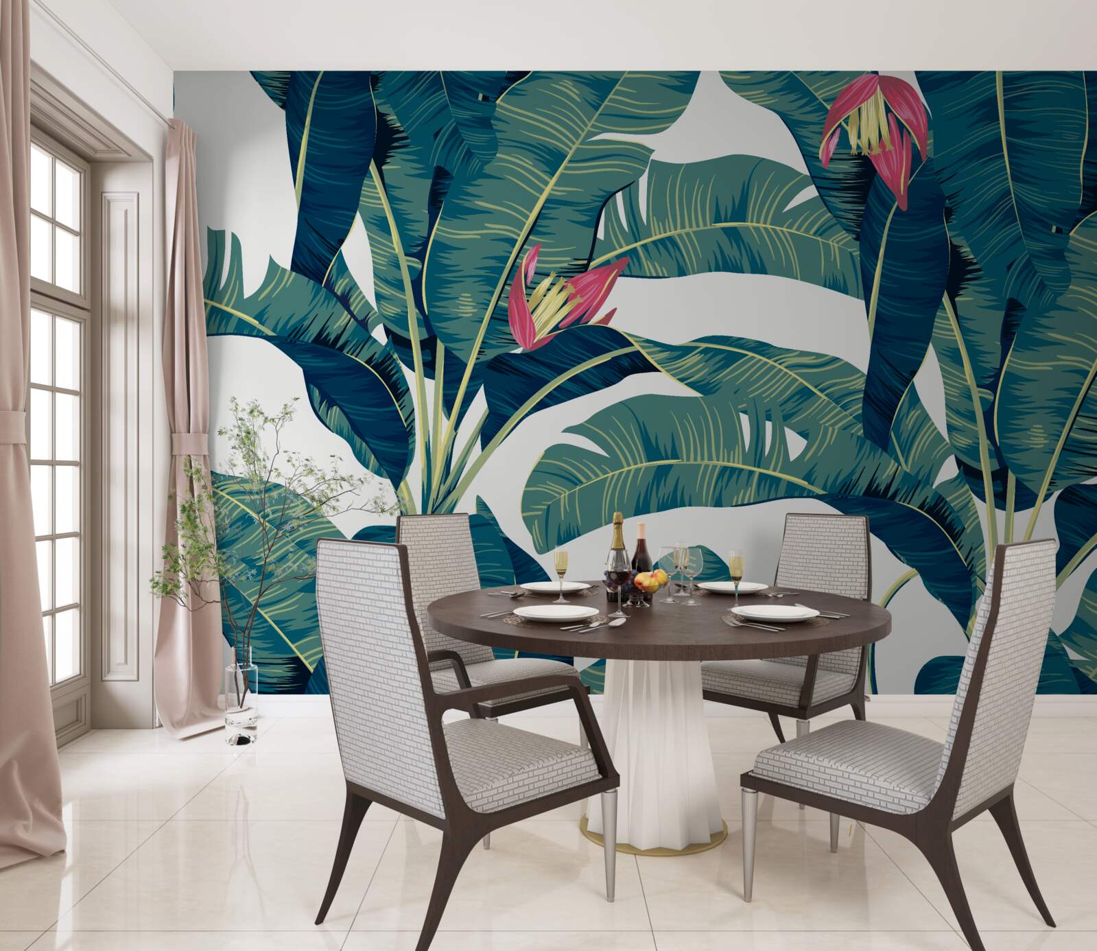 Fotobehang bloemen tussen groene tropische bladeren