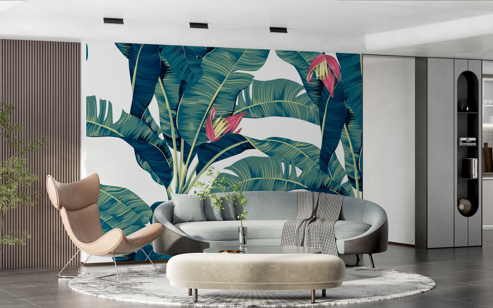 Fotobehang bloemen tussen groene tropische bladeren