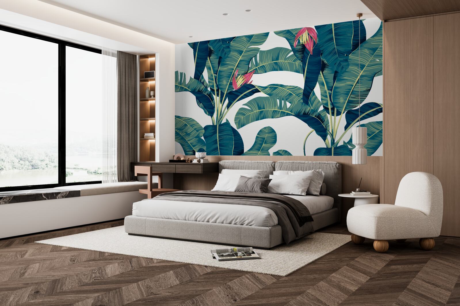 Fotobehang bloemen tussen groene tropische bladeren