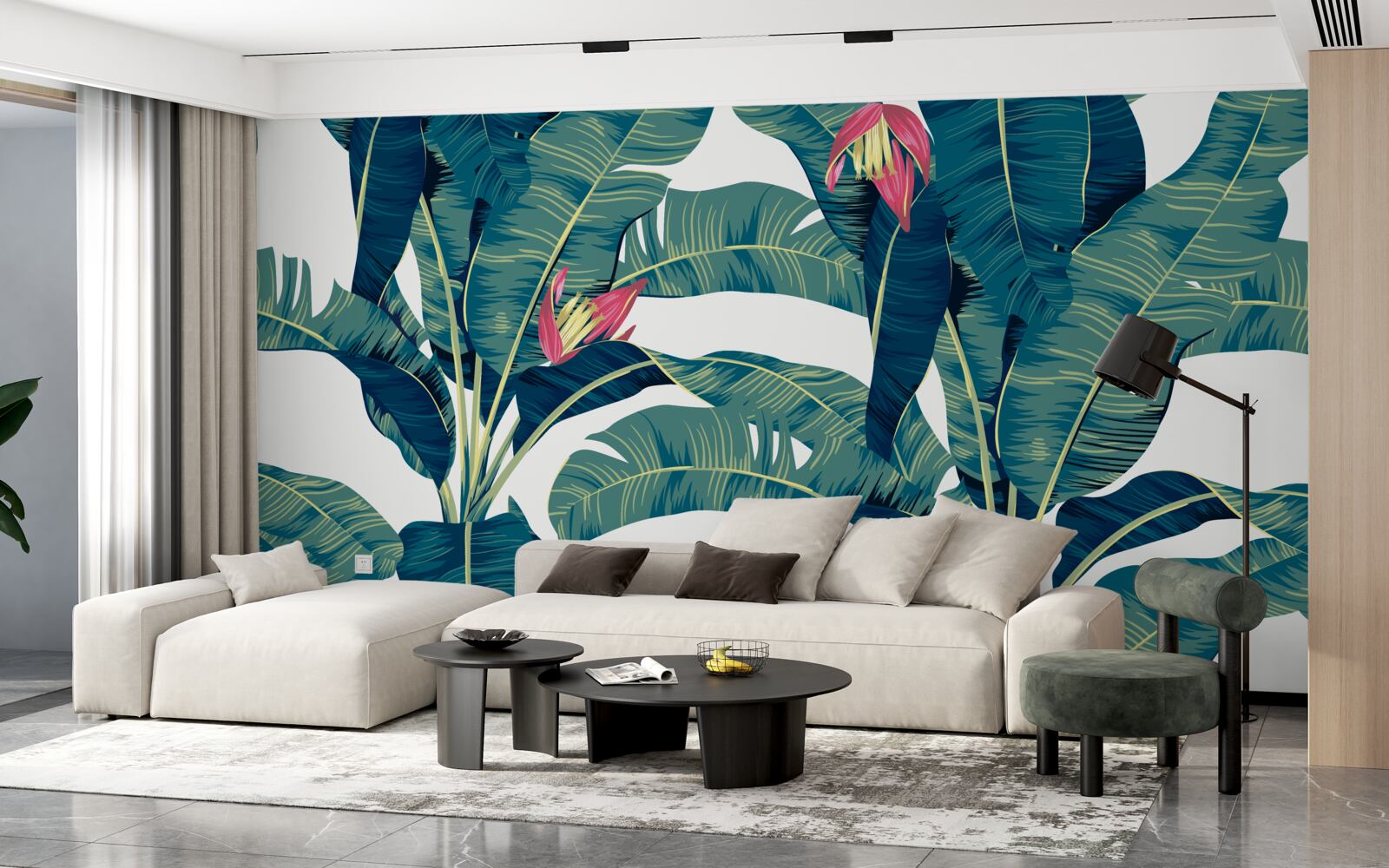 Fotobehang bloemen tussen groene tropische bladeren