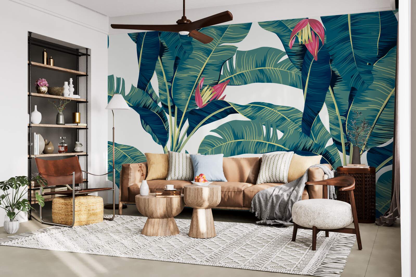 Fotobehang bloemen tussen groene tropische bladeren