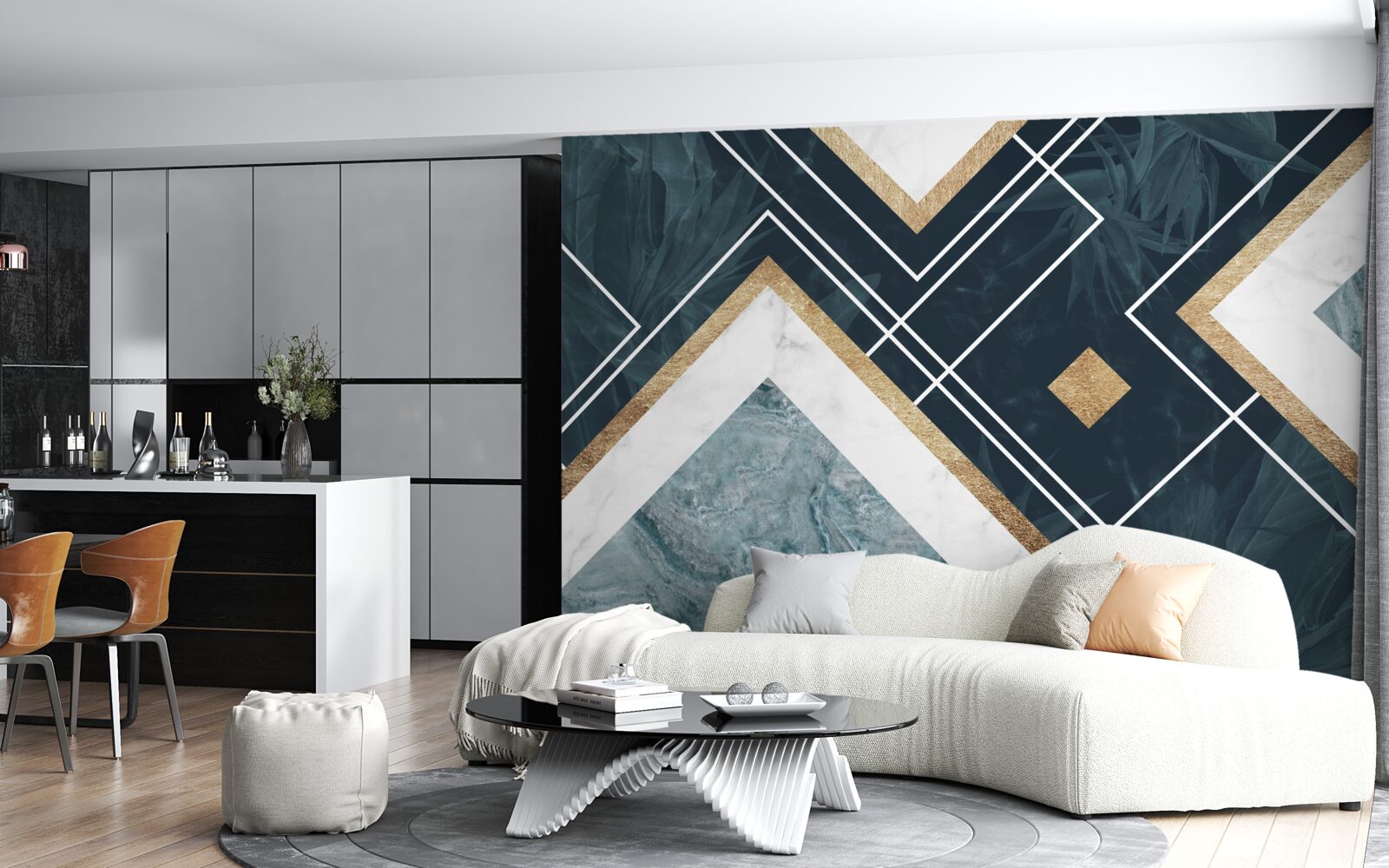 Fotobehang blauw mozaïek met witte elementen