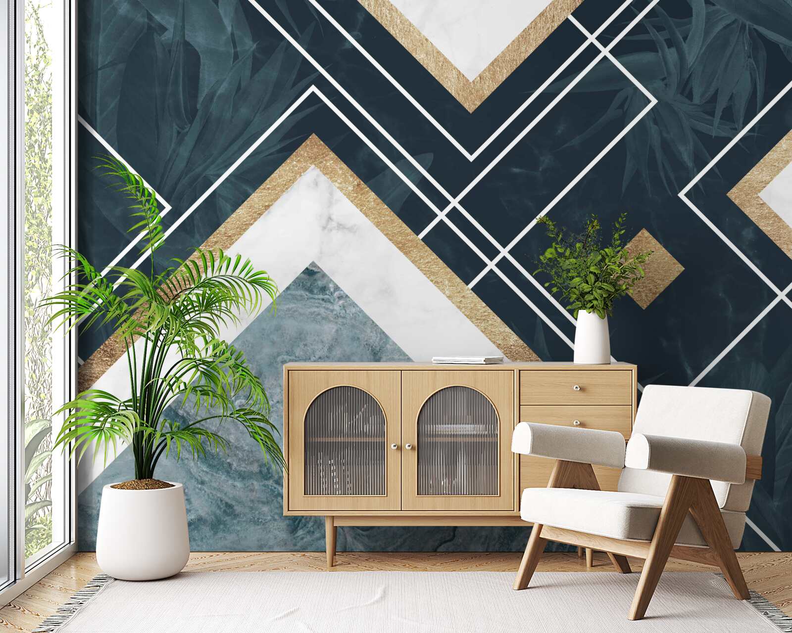 Fotobehang blauw mozaïek met witte elementen