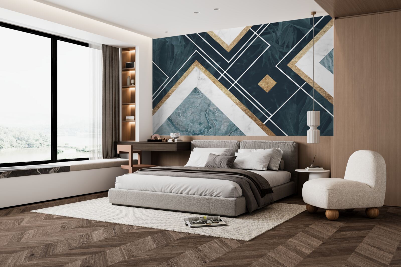 Fotobehang blauw mozaïek met witte elementen