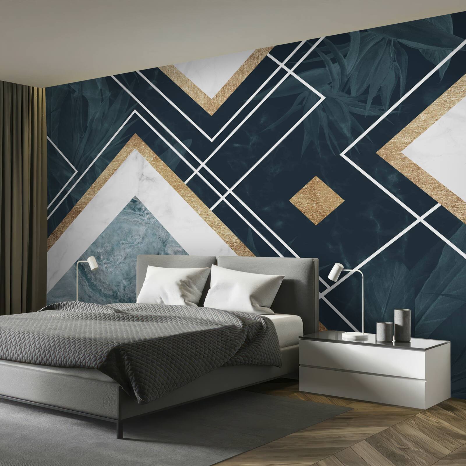 Fotobehang blauw mozaïek met witte elementen