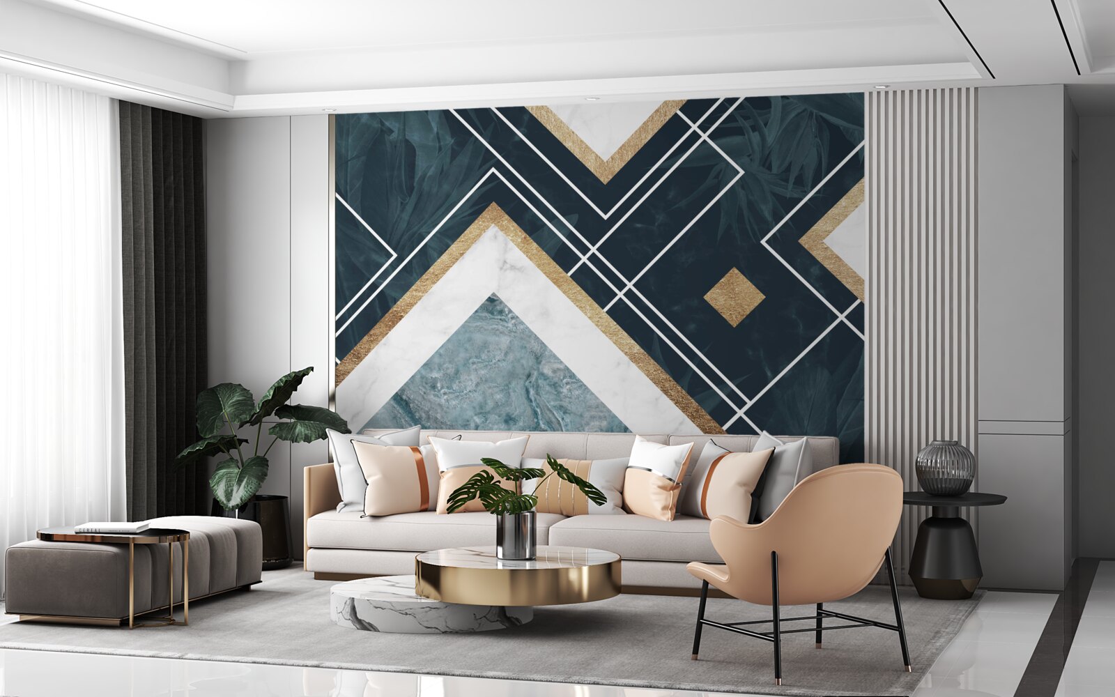 Fotobehang blauw mozaïek met witte elementen