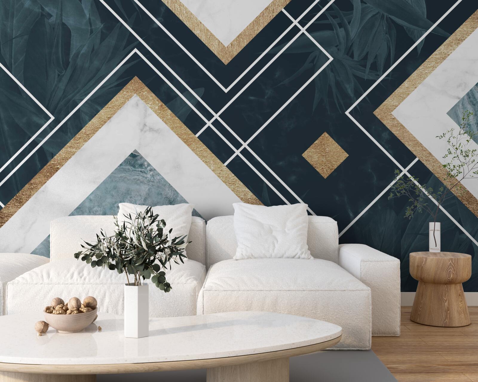 Fotobehang blauw mozaïek met witte elementen