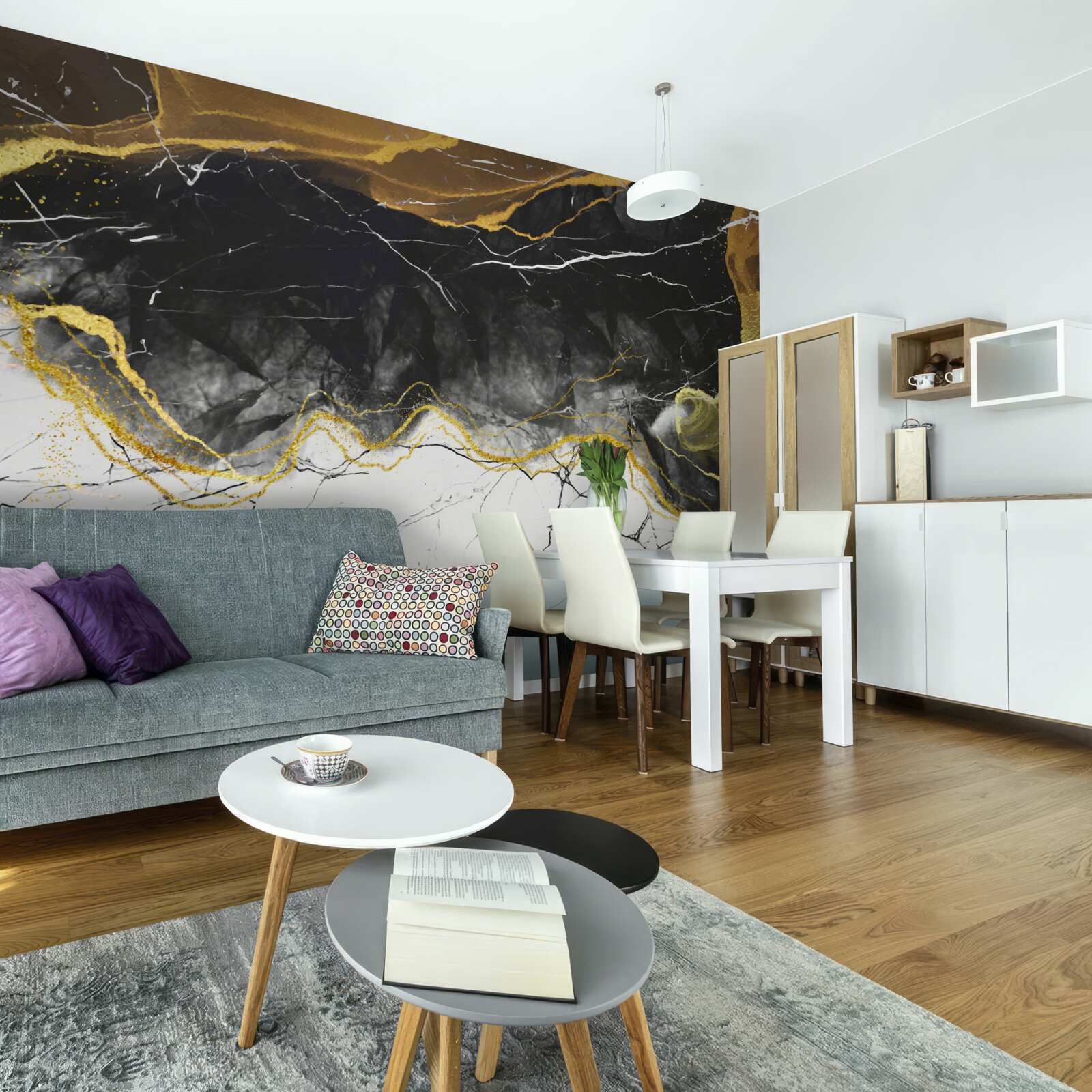 Fotobehang zwart en wit marmer met goudtinten