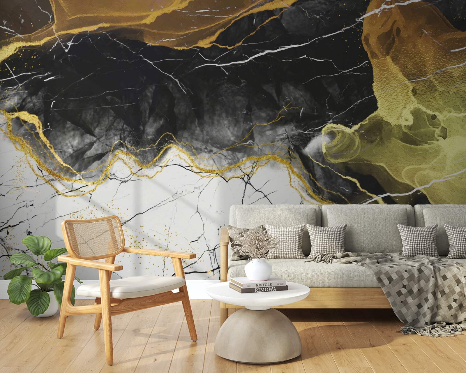 Fotobehang zwart en wit marmer met goudtinten