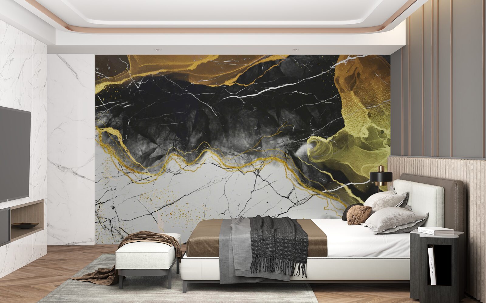 Fotobehang zwart en wit marmer met goudtinten