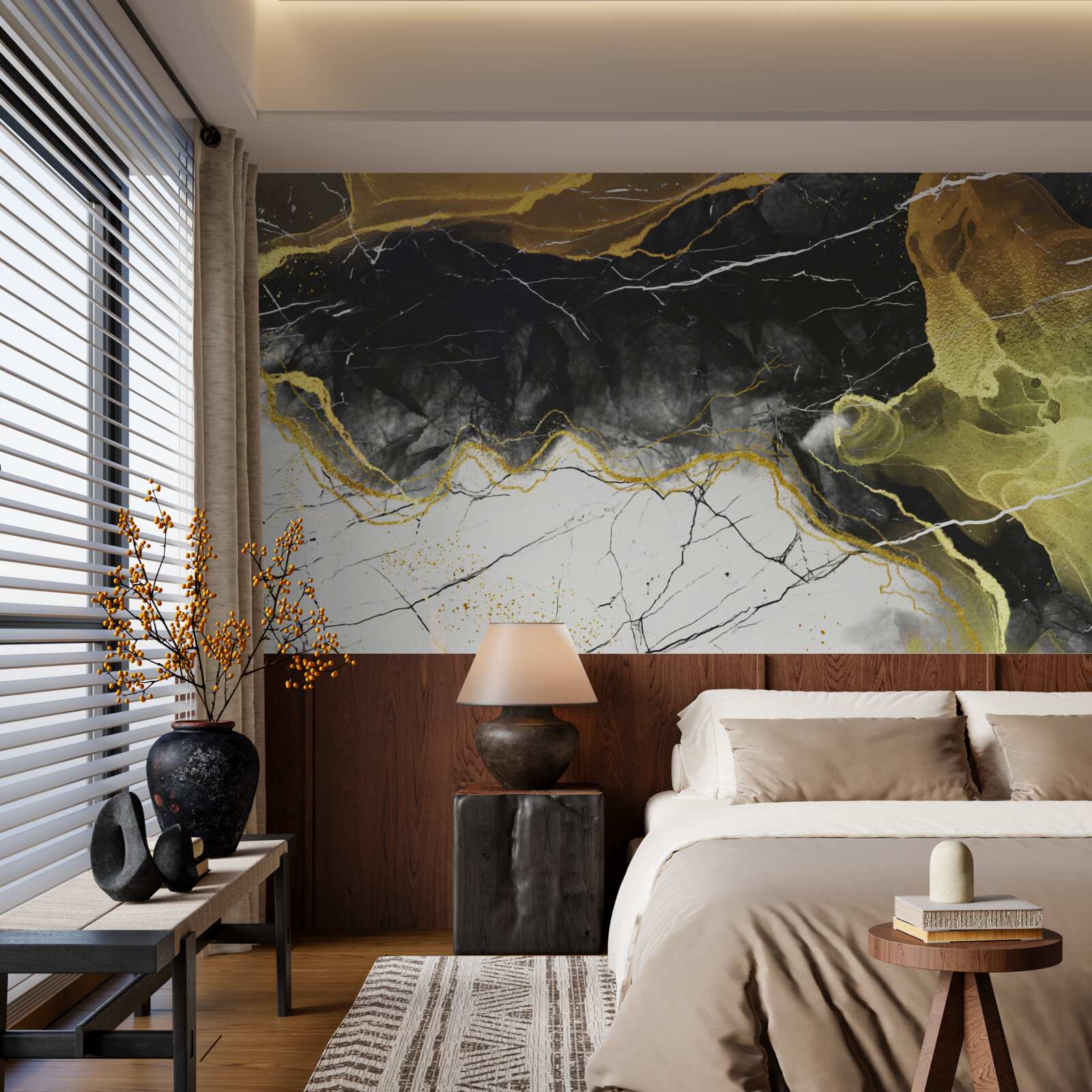 Fotobehang zwart en wit marmer met goudtinten