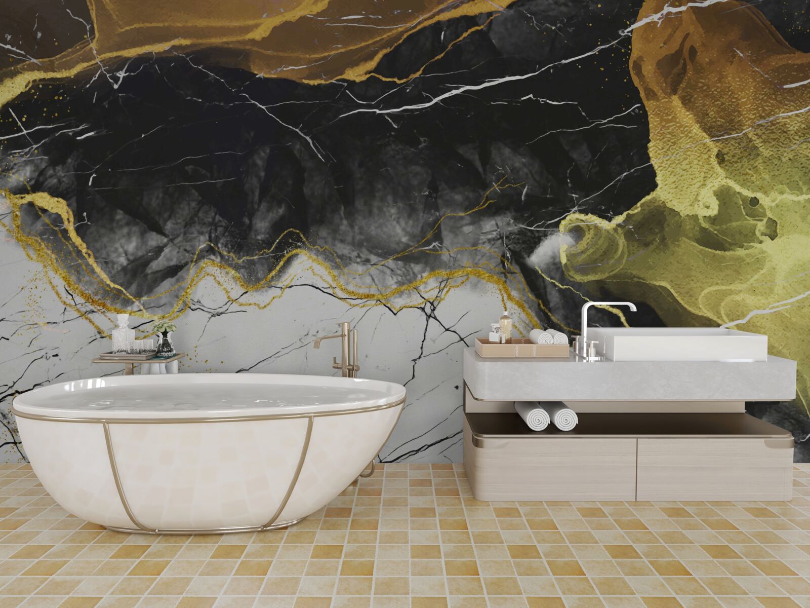 Fotobehang zwart en wit marmer met goudtinten