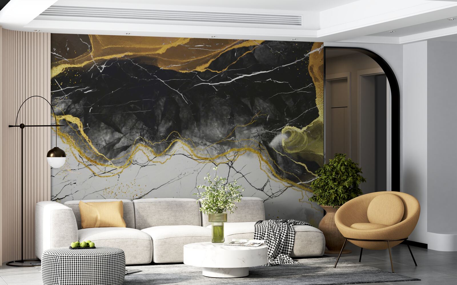 Fotobehang zwart en wit marmer met goudtinten