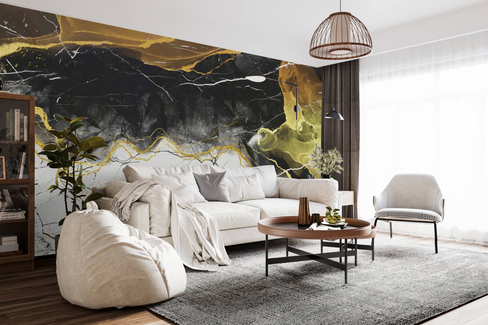 Fotobehang zwart en wit marmer met goudtinten