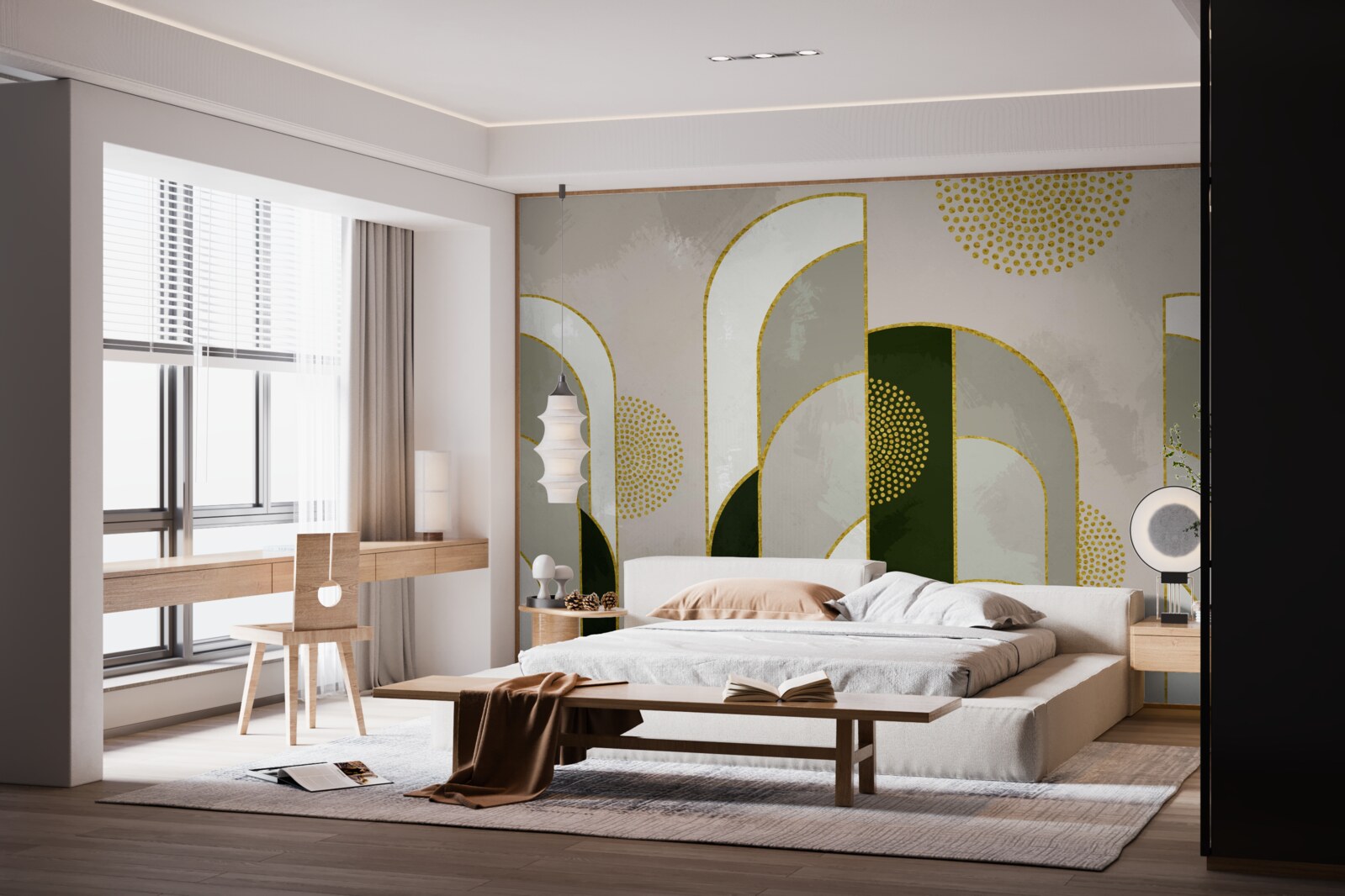 Fotobehang Het scheen boven de dichte mist in het bos