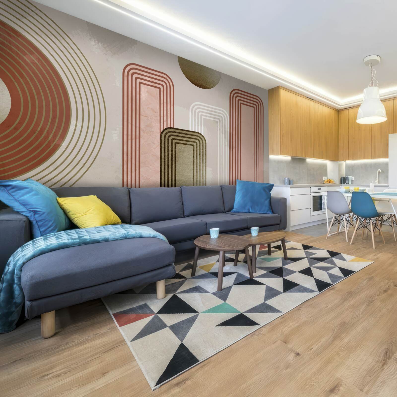 Fotobehang de lijnen zijn rechthoekig, geschilderd in zachte pasteltinten