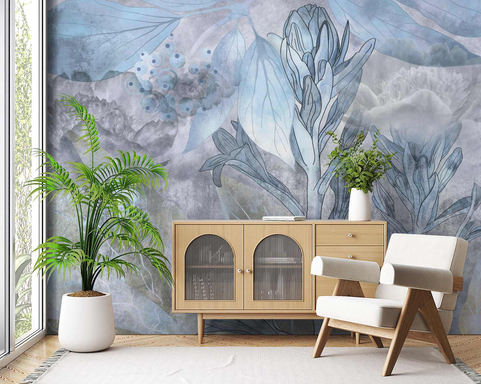 Fotobehang knoppen tussen bladeren bij dageraad