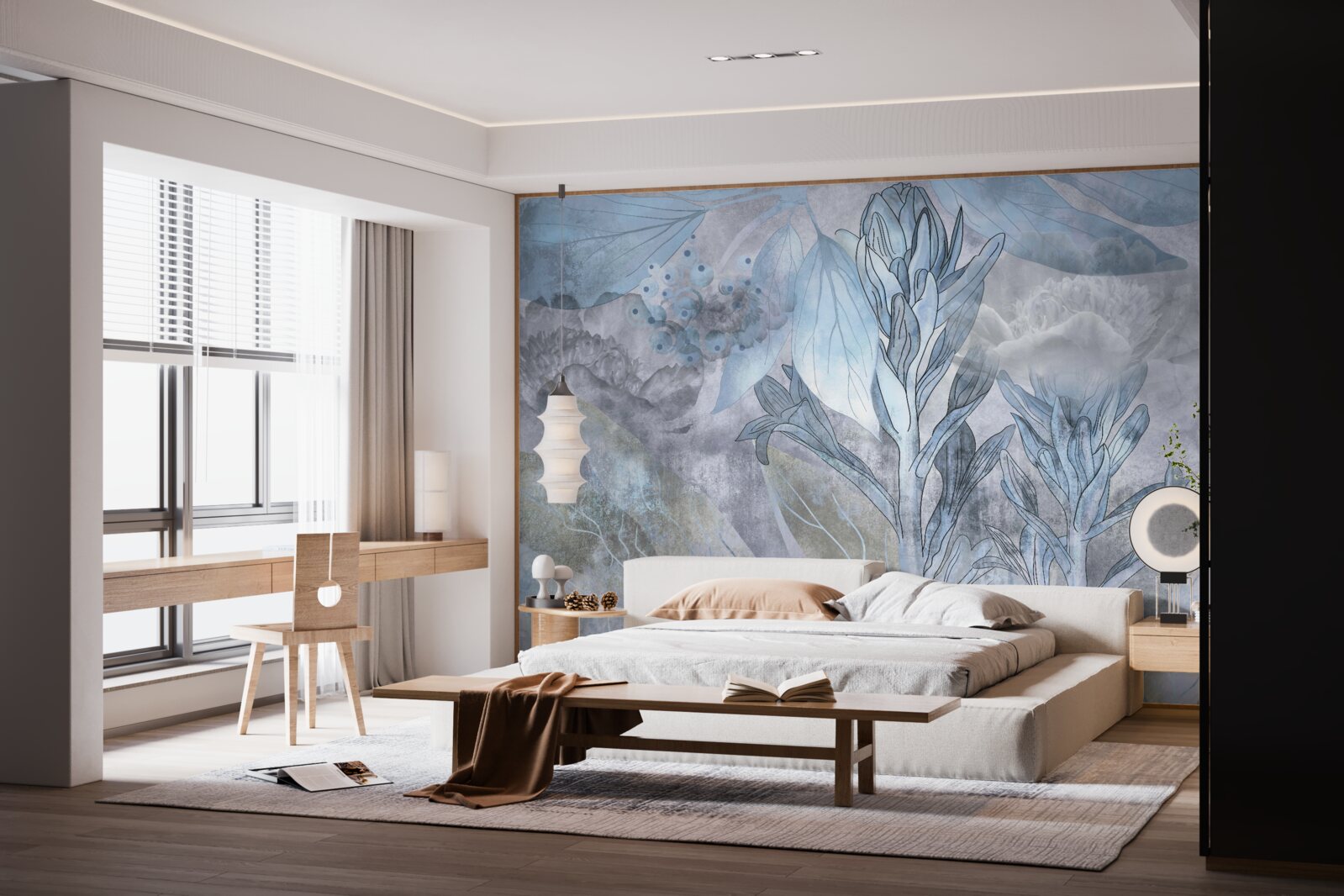 Fotobehang knoppen tussen bladeren bij dageraad