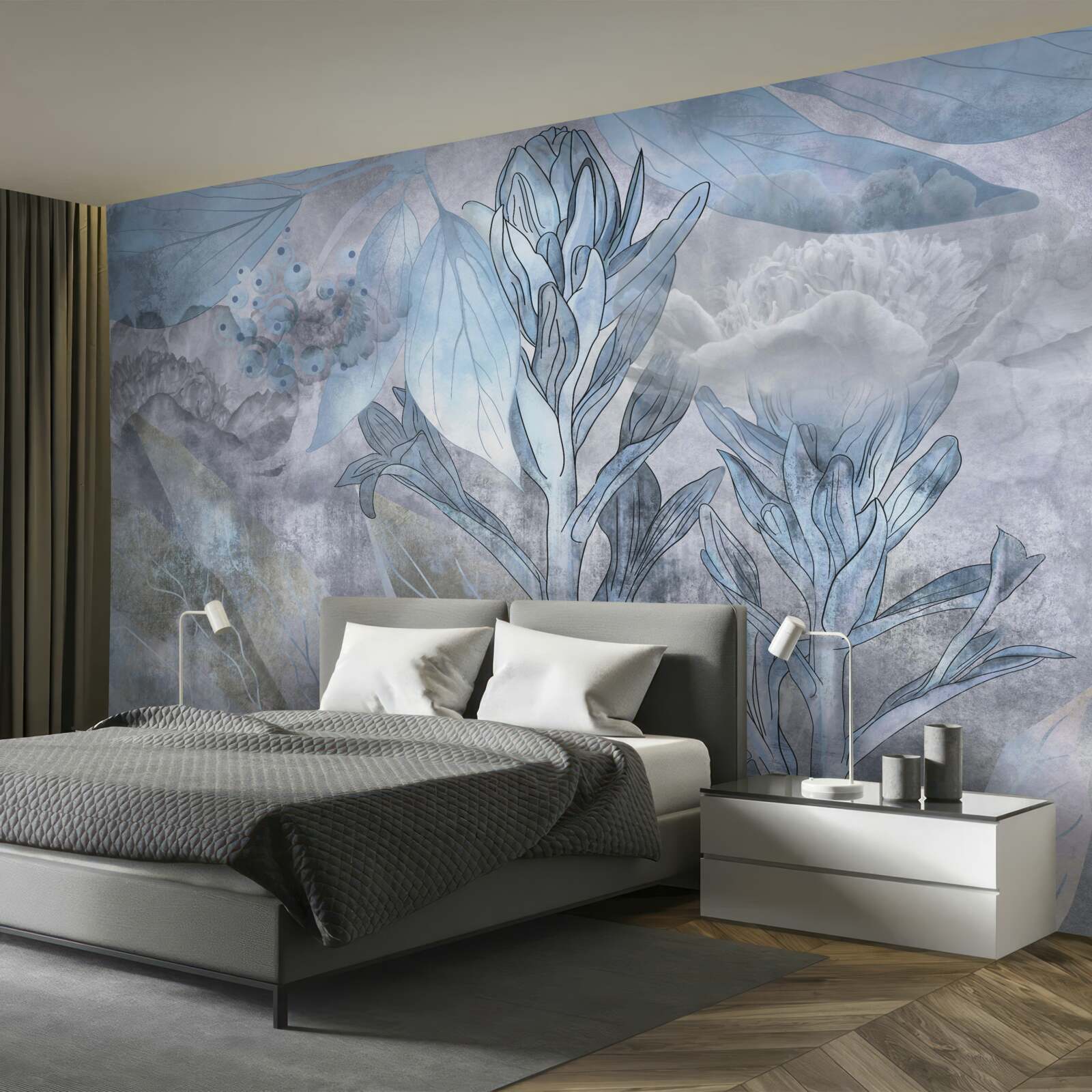 Fotobehang knoppen tussen bladeren bij dageraad