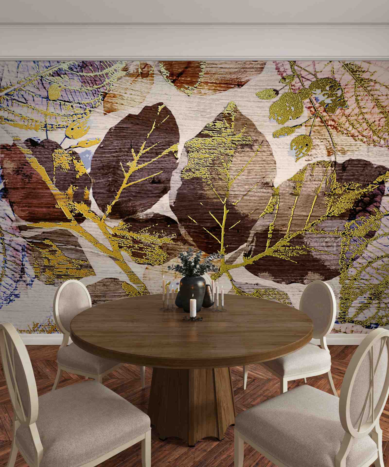 Fotobehang herfstbladeren met een gouden tint