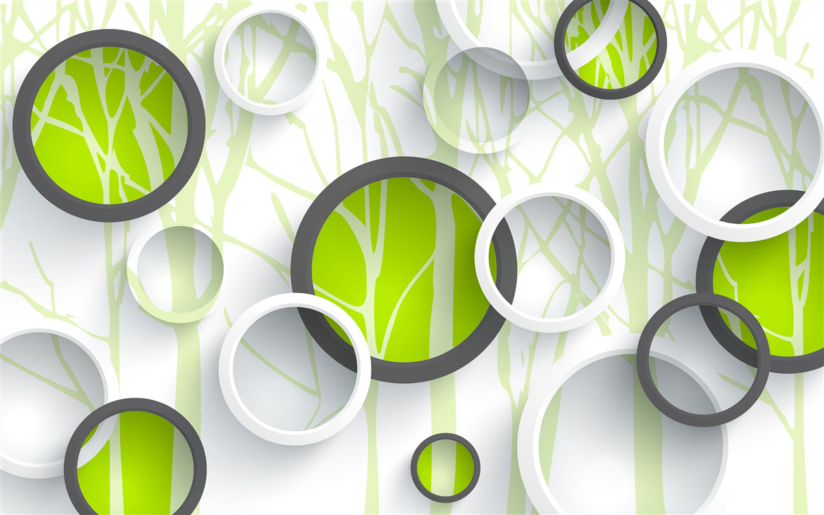 Fotobehang groene cirkels door elkaar op een beboste achtergrond