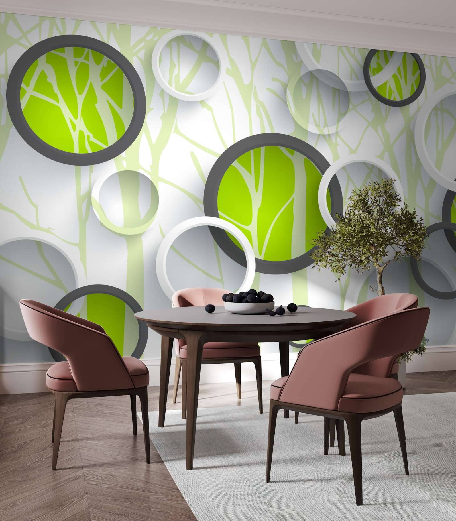 Fotobehang groene cirkels door elkaar op een beboste achtergrond