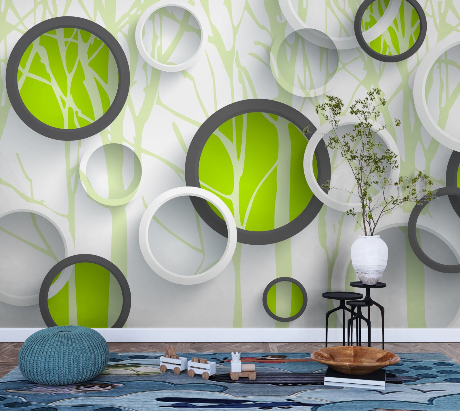 Fotobehang groene cirkels door elkaar op een beboste achtergrond