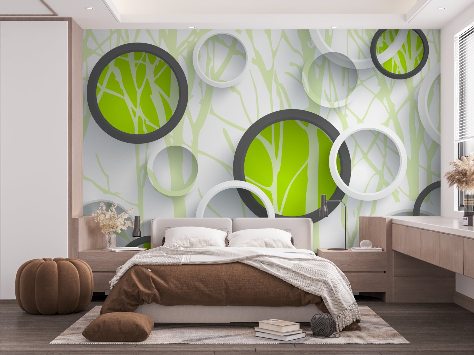 Fotobehang groene cirkels door elkaar op een beboste achtergrond