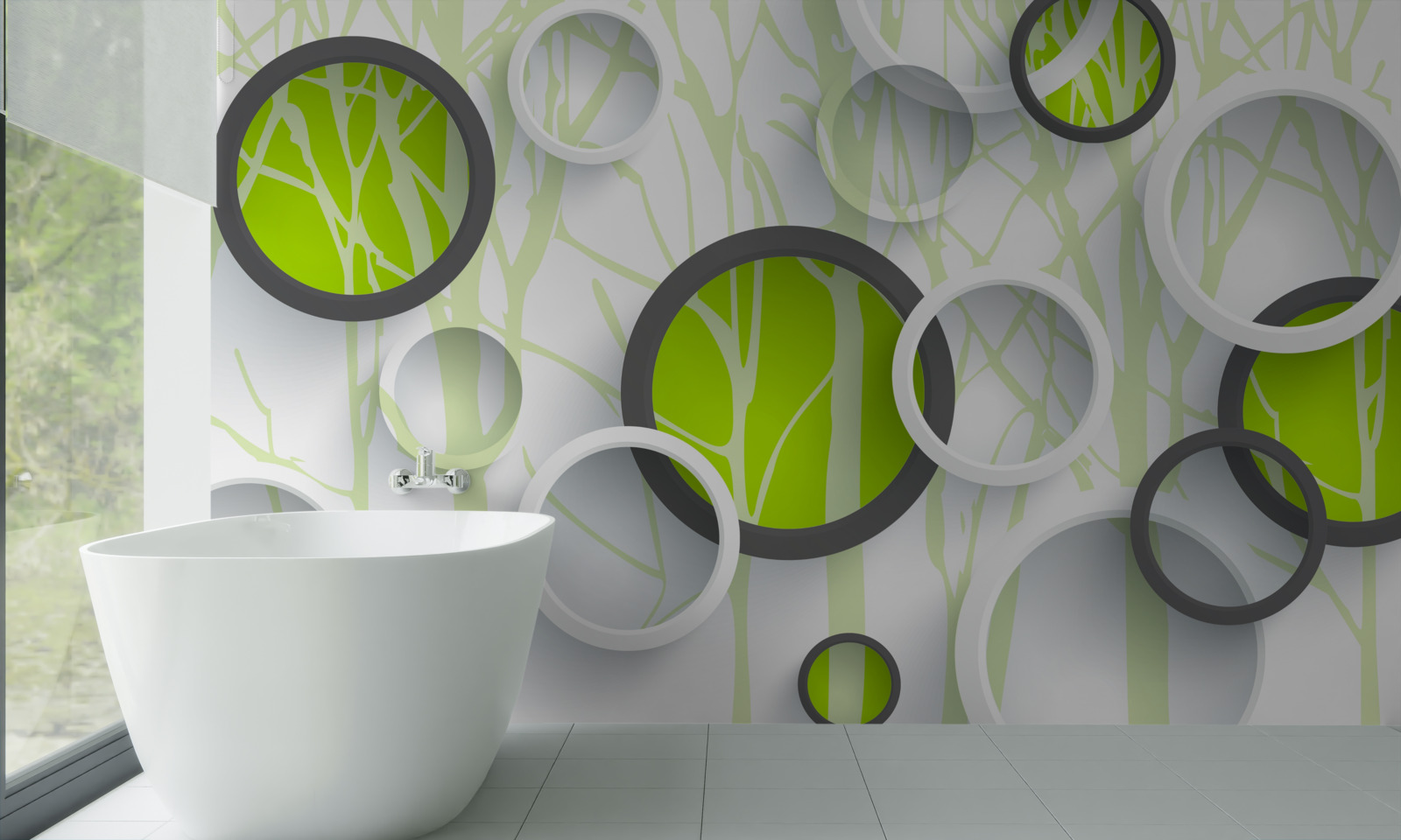 Fotobehang groene cirkels door elkaar op een beboste achtergrond
