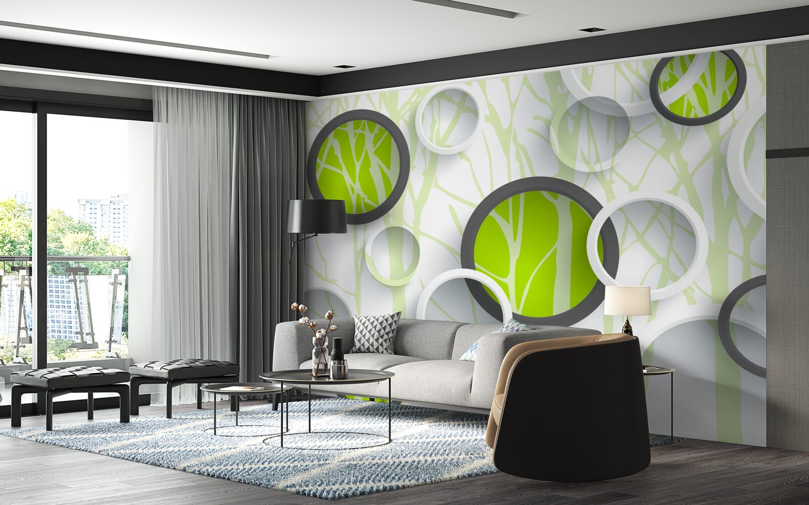 Fotobehang groene cirkels door elkaar op een beboste achtergrond