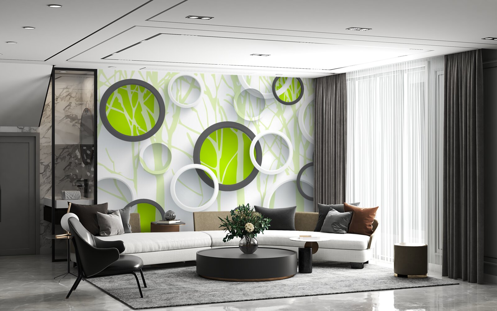 Fotobehang groene cirkels door elkaar op een beboste achtergrond