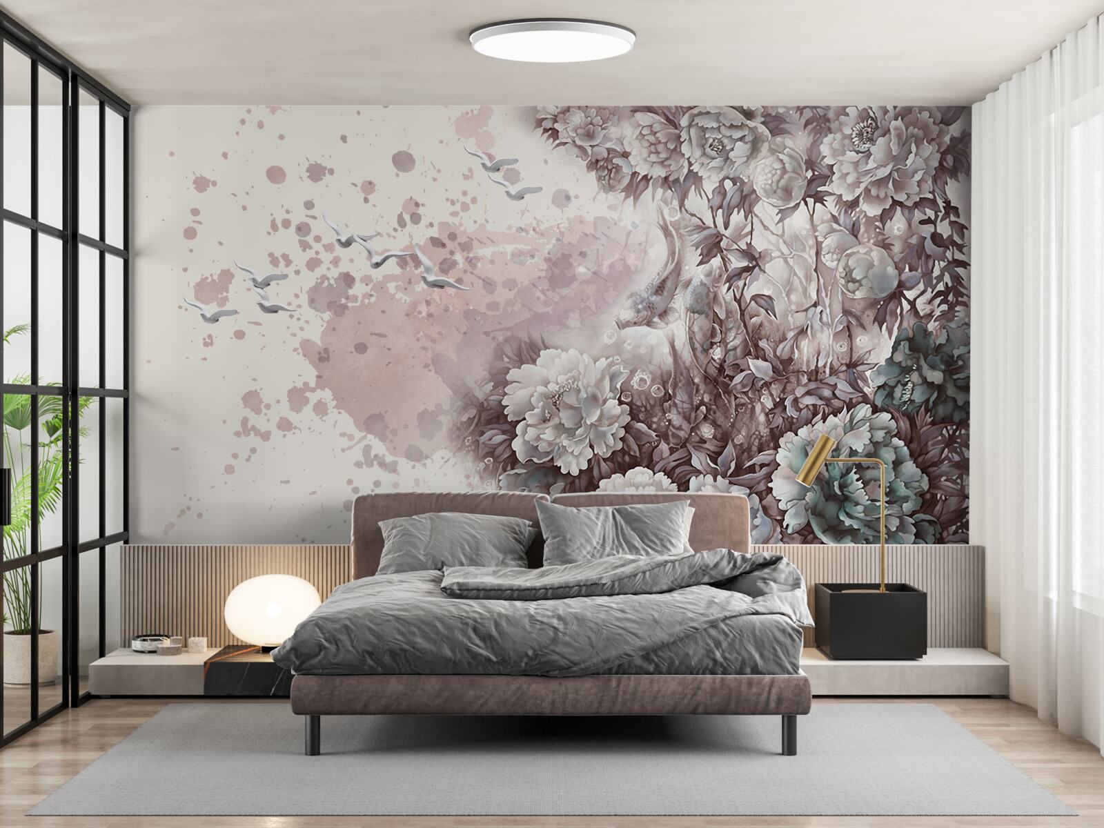 Fotobehang bloeiende planten fladderen in de windvlagen